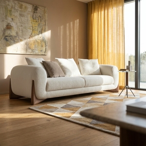 Canapé salon 2 places blanc canapé sectionnel canapés rembourrés scandinaves en tissu de laine d'agneau avec pieds en bois massif - Product Image 2