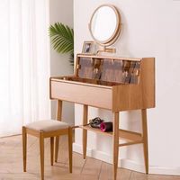 Ensemble coiffeuse en bois massif avec miroir rond et tabouret, table de maquillage nordique pour chambre à coucher avec étagère ouverte