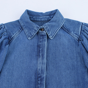 3 Colorway <strong>Turn</strong> Down Collar Long Sleeve Buttons <strong>up</strong> Denim Blue Color Casual Fashion <strong>Jeans</strong> Tops Blouse for Women - Product Image 3