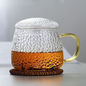 Taza de té de vidrio martillado estilo japonés con tapa y filtro para preparar té verde, uso en oficina - Product Image 1