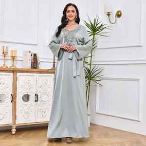 Ropa Islámica al por Mayor para Mujer, Cinturón con Cuentas <span class=keywords><strong>de</strong></span> Oriente Medio, Arabia Saudita, Dubái, Color Sólido, Adornado con <span class=keywords><strong>Perlas</strong></span>, Vestido Abaya Cerrado - Product Image 4