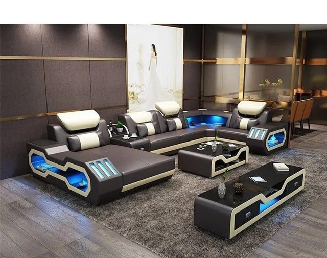 Wholesalers U Shape Smart USB Leather Sofa Music Player Sectional LED Couch Storage Living Room Sofa Set