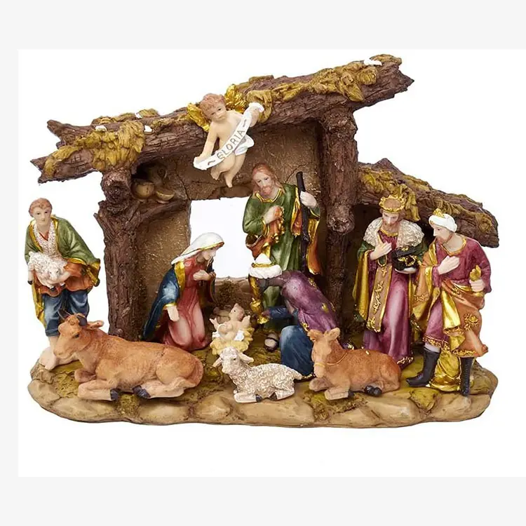 2024 Hete Verkoop Huis Xmas Vakantie Decor Hars Kleine Heilige Familie Kerststal Set Kerst Beeldjes