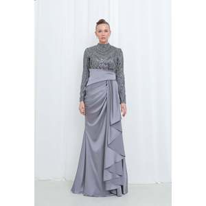 Robe de soirée en satin brodée pour femme avec taille drapée - 12582ELB - GRIS - Product Image 2