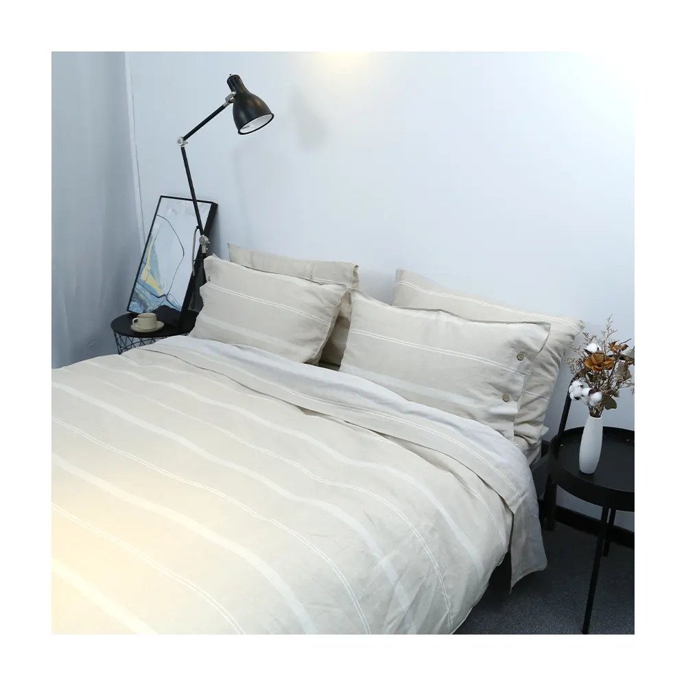 Home Textile White Stripes Pattern Bed Linens Cover Sheet 100% linen bedsheet bedding set