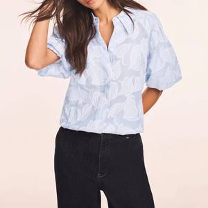 Blue Cotton Jacquard Solid & Floral Print Bubble Sleeve Turn-<b>down</b> Collar Elegant Women's Blouse Anti-Pilling Washable - Product Image 3