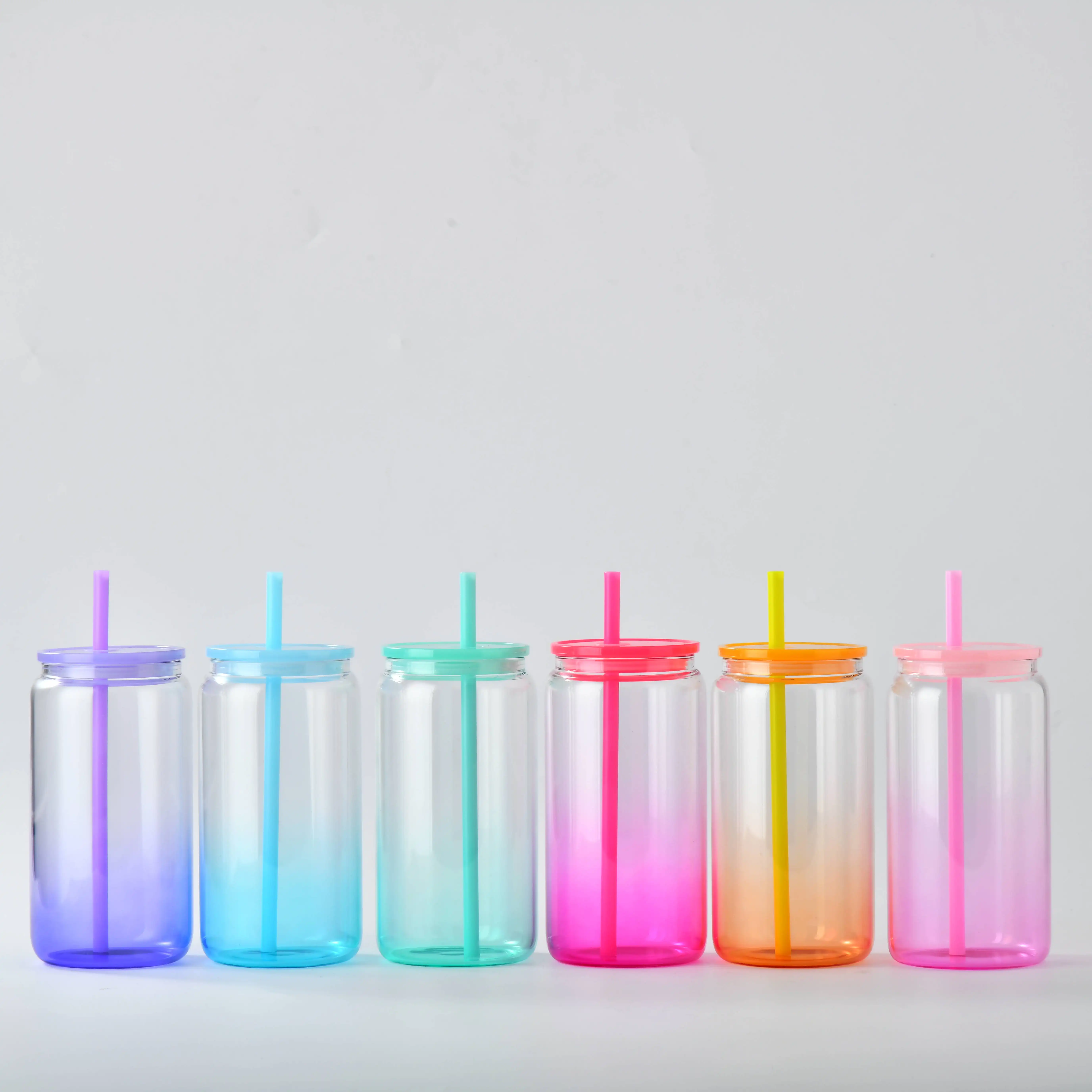 US Warehouse 16oz glass can tumbler with coloful plastic lids and straws