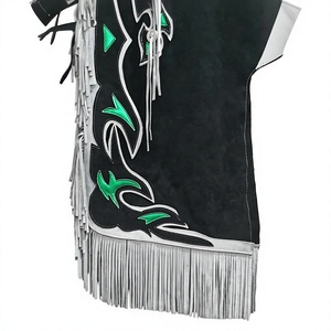 Premium Custom Black and White Cowhide Leather Rodeo Chaps with Green Inlay Accents, Matching Fringe, and Adjustable Buckles - Product Image 3
