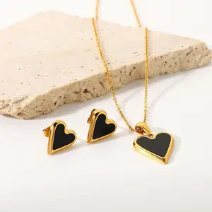 New 18K Gold Plated Black Heart Stud Earrings Stainless Steel Black Heart Pendant Necklace