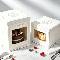 Boîte à gâteau portable en carton avec fenêtre transparente en PVC, motif ligne simple ivoire, poignée en carton, logo personnalisé, impression minimaliste