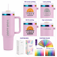 Gobelet isotherme personnalisé de 40 oz en acier inoxydable 304 à double paroi, réutilisable, plaqué arc-en-ciel, avec poignée et couvercle à paille pour le voyage