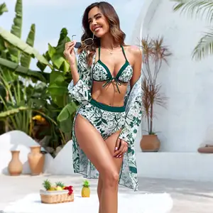 Ropa de playa sexy personalizada de Europa y América para mujer, conjunto de traje de baño de 3 piezas con mangas largas para cubrir