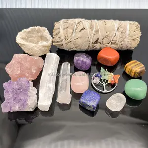 Conjunto de pedras de cascalho, conjunto atacado natural de pedra de cura de cascalho, caixa de madeira, charme 7 peças de kit para meditação, presente de natal