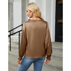 Women's Satin Long Sleeve <b>Blouse</b> V Neck Button Down Elegant Business Casual Top - Product Image 3