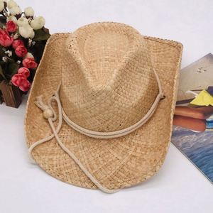 Sombrero de Paja Natural de Rafia para Hombre y Mujer, Protección Solar para la Playa y el Océano, con Cordón para la Barbilla, Estilo Vaquero, Venta al Por Mayor - Product Image 2