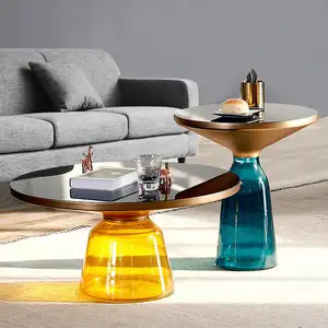 现代小钢化铃铛黑色黄铜金色顶部圆形侧面嵌套沙发托盘桌嵌套玻璃底腿咖啡桌