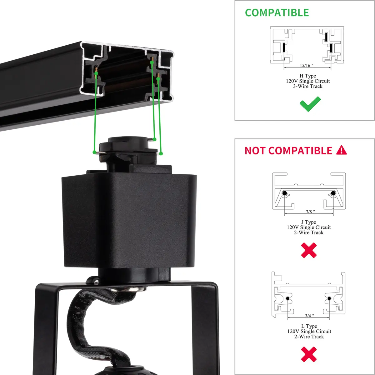 ETL listado preto tipo H trilho com lâmpada GU10 de 8 W quadrado teto holofote LED cabeça de iluminação de trilha