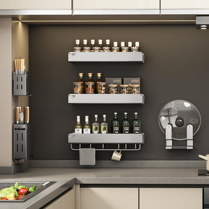 Stainless Steel Wall Mounted Spice Rack With <b>Hooks</b> For <b>Kitchen</b> Oil Bottle Storage Rectangle Design Heavy Duty - Product Image 2
