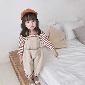Conjunto de Mono de una Pieza para Niñas, Primavera-Otoño, Color Sólido, Overol de Pana para Niñas Pequeñas y Camisetas a Rayas - Product Image 2