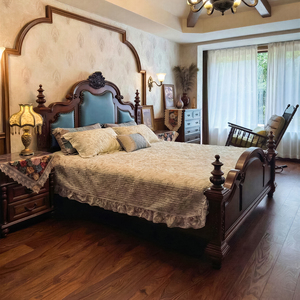 <span class=keywords><strong>Letto</strong></span> Matrimoniale in Legno Massello Americano con Colonna Romana in Vera Pelle, Stile Europeo Retrò di Lusso, 1,8 m - Product Image 4