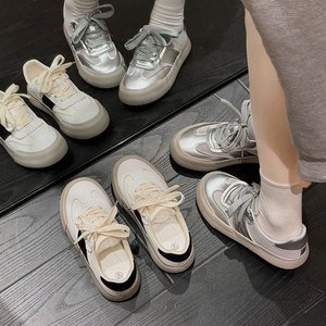 Zapatillas deportivas casuales con cordones para mujer, color plateado, moda 2024, otoño, suela gruesa, combinables con todo, color blanco26 - Product Image 2
