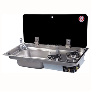 Évier de cuisine marin en verre noir et acier inoxydable 304 avec cuisinière à gaz intégrée <span class=keywords><strong>pour</strong></span> camping-car, caravane, fourgon aménagé, remorque - Product Image 1