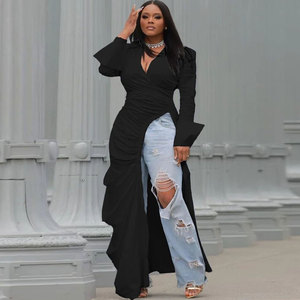 Zqs10332 Deep V Side Slit Slim Dress Sexy European American Casual Nightclub Traje hasta el suelo Otoño Liso teñido Sólido Gasa - Product Image 3