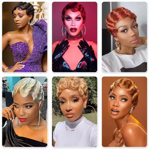 Ngắn <span class=keywords><strong>Bob</strong></span> Pixie Cắt Nước Sóng Glueless Tổng Hợp Tóc Giả Tóc Không Có Ren Phía Trước Tóc Giả Với Những Tiếng Nổ Đầy Đủ Máy Làm Tóc Giả - Product Image 6