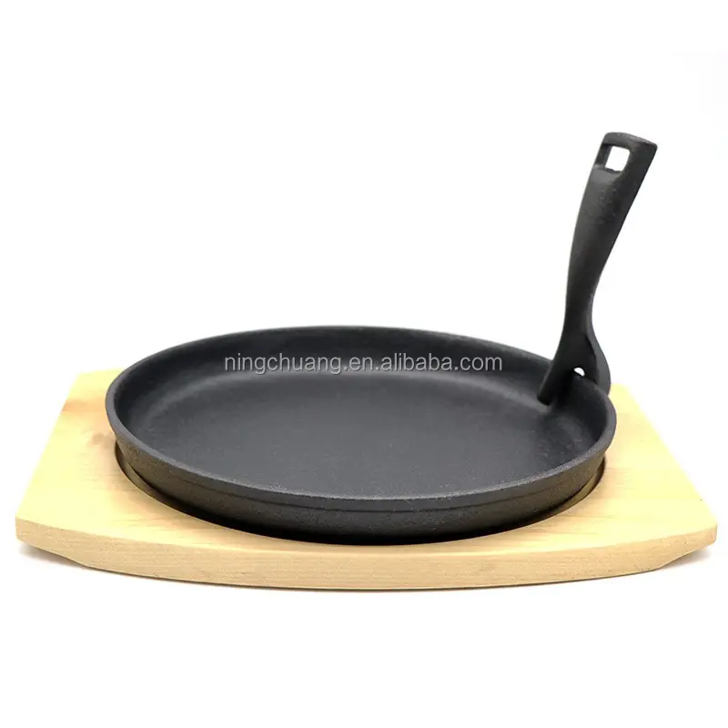 Hot Sale Steak Plate Grill Pan Set Cast Iron Round Sizzling Plate With Wooden Base