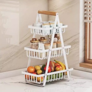 Three Layer Fruit <b>Basket</b> With Wooden Handle Detachable Storage Rack For Kitchen Living Room Rectangle <b>Shelf</b> - Product Image 1