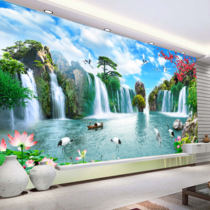 Papel Tapiz 3D Personalizado, Paisaje de Cielo Azul con Cascada, Grullas Blancas, Pinos y Flores de <span class=keywords><strong>Ciruelo</strong></span>, Estilo Chino, Mural para Talleres y Dormitorios - Product Image 2