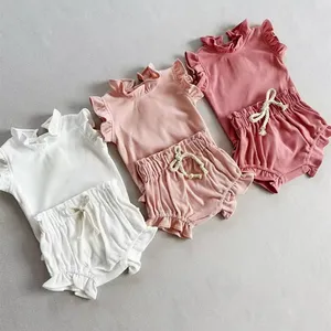 Koreanische Vintage 100 % Baumwolle 2 Stück gerippte Strampler und Shorts Outfits Baby Kleinkind Mädchenbekleidung Sets Sommer Mädchenbekleidung Sets