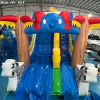Toboggan gonflable à thème jungle (éléphant, zèbre, girafe) avec piliers à motif bois pour jardin, location et événements