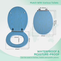 Siège de toilette ovale en bois moulé à fermeture douce et dégagement rapide, base bleue, couvercle en MDF à grain naturel jaune |   Siège de toilette