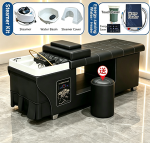 Sillón de peluquería de cuero negro con lavacabezas para spa capilar, tratamiento capilar y masaje, con lavabo - Product Image 5