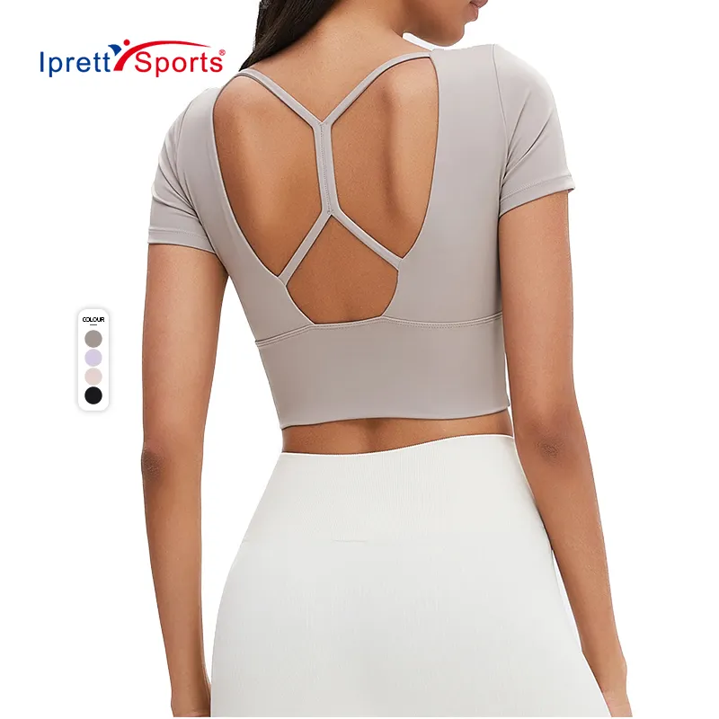 Camisetas de entrenamiento con espalda cruzada y sujetador incorporado para mujer, Tops cortos de manga corta para Fitness, ropa de Yoga
