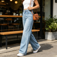 Jeans Baggy de Cintura Alta para Mujer, 100% Algodón, Cintura Ajustable, Pantalones de Mezclilla, Venta al Por Mayor de Fábrica