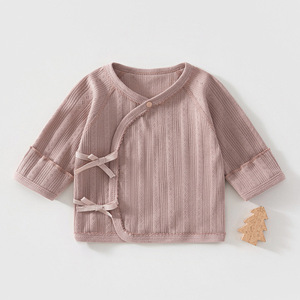 Haut kimono pour nouveau-né 0-1 mois, en coton jacquard tricoté doux, à manches longues, à nouer, sous-vêtement pour bébé, tenue quotidienne pour <span class=keywords><strong>la</strong></span> maison - Product Image 2