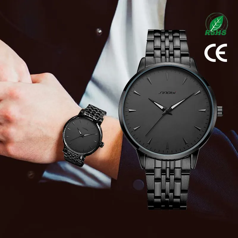 SINOBI Cool Boys Watch S9823G All Black Mens Watch With Luminous Hands Stainless Steel Strap Simple Watch With No Dial Saat