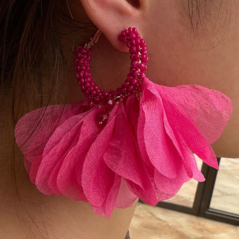 2024 Fashion Jewelry New Bohemian Style Handmade Fabric Tassel Earrings  Fashion Exaggerated Beaded Fabric Earrings Wholesale