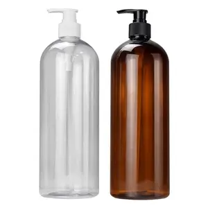 Commercio all'ingrosso ambra trasparente 1000ml in plastica per animali domestici cosmetico per il lavaggio del corpo lozione shampoo bottiglia pompa 1l fornitore