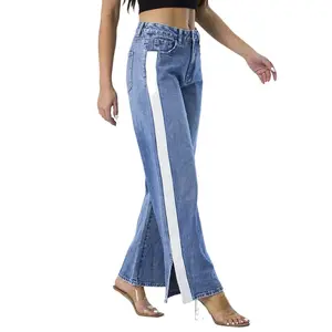 Ladies Slit Hem Wide Leg Design Loose Mom Denim Fabric Pants Fashion Women High Waist Blue Boyfriend Jeans