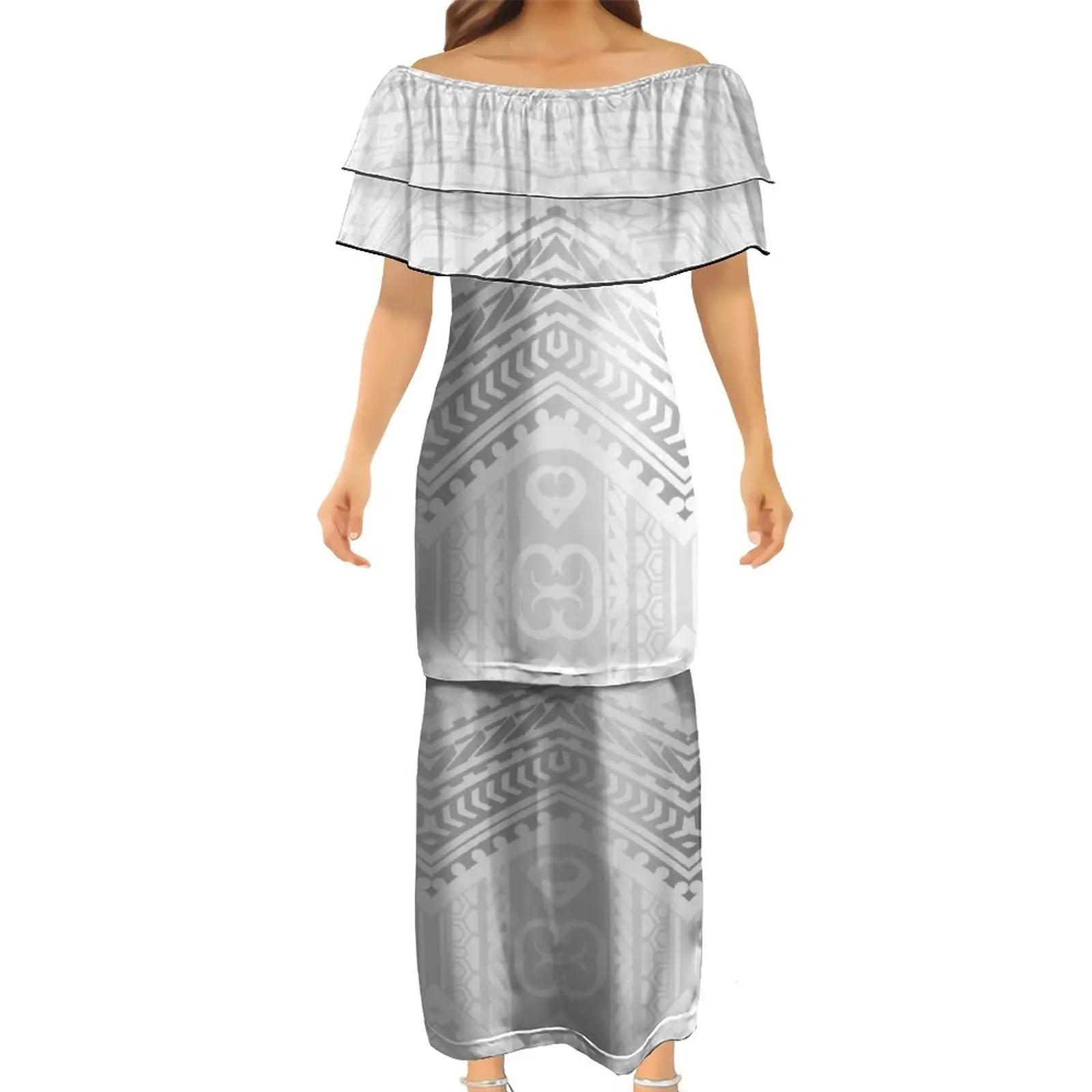 Grote Mensen 8XL Dubbele Ruche Off Shoulder Puletasi Top Rok Tweedelige Set Groothandel Polynesische Tribal Vrouwelijke Een Schouder jurk