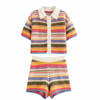 Ensemble haut et short en tricot crocheté pour femme, col polo, rayé, manches courtes, streetwear décontracté, été, vente en gros directe d'usine