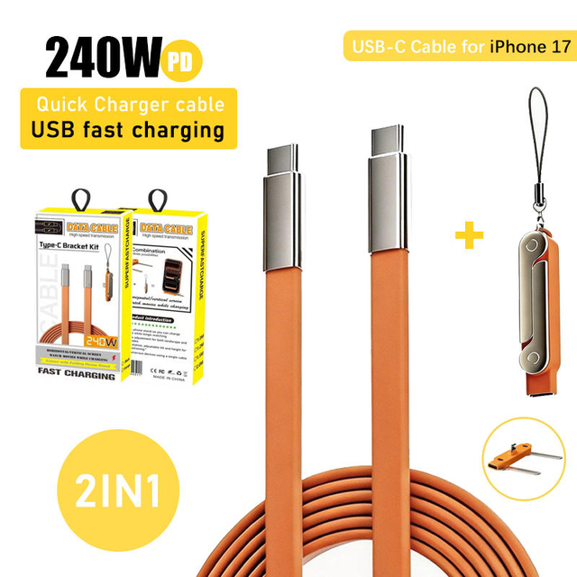 240W 2-in-1 Black/Orange Fast Charging Foldable Nylon Bracket Type-C to Type-C Data Cable with Phone/Tablet Stand for IOS