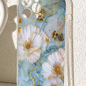 เคสโทรศัพท์มือถือลายดอกไม้สีขาวลาย<span class=keywords><strong>ผึ้ง</strong></span>พิมพ์ลาย Art Gold Line  วัสดุ TPU นิ่มใส สำหรับ iPhone 11 12 13 14 15 16 17 Pro Max Air - Product Image 2