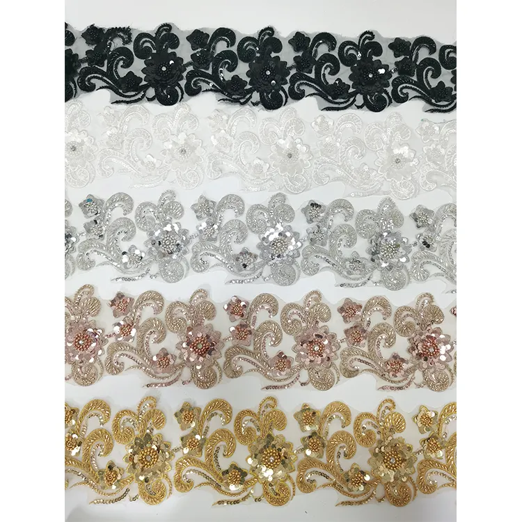 Wholesale 3D Polyester Beaded Sequin Trimming Flower Lace Trim Embroidery Beaded Sequined Lace Trim