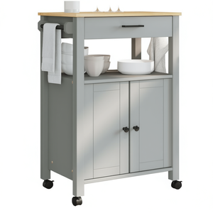 Chariot de cuisine Monza en bois massif 23,6x15,7x35,4 pouces gris avec roulettes, design moderne pour îlots et chariots - Product Image 1