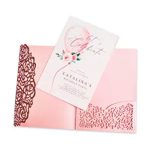 Tarjeta de invitación de boda, de lujo, corte láser, papel rosa ahuecado, flor, Festival de cumpleaños