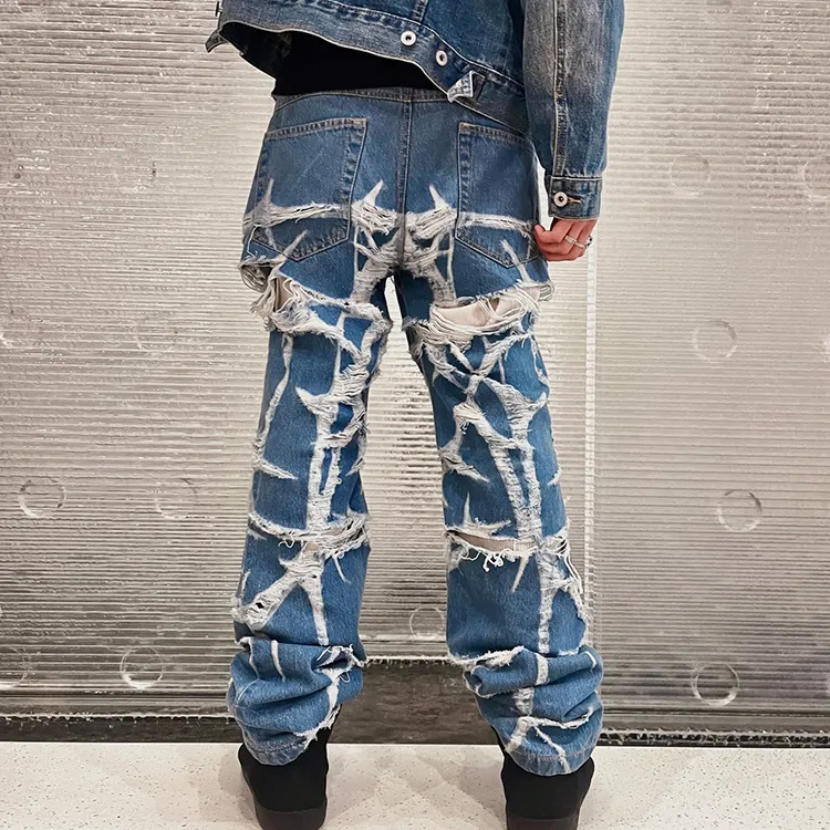 DiZNEW Mens Light Blue Jeans Screen Printing Distressing Whisker Straight Denim Jeans Mens Two Layers Loose Jeans